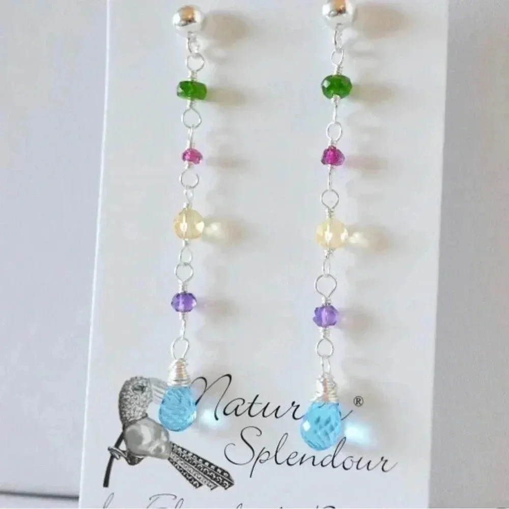 Colorful Earring,Topaz,Citrine,Garnet,Amethyst,Green Apatite,Long Linear Earring
